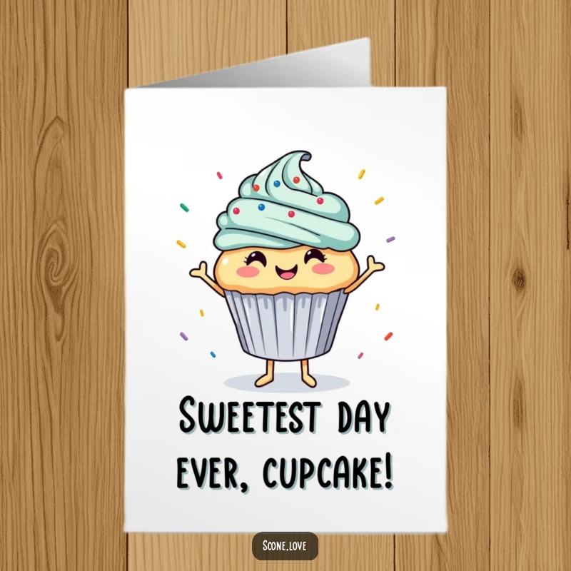 Funny Free Printable Birthday Card: A smiling cupcake joyfully dances with colorful sprinkles falling, wishing a happy birthday. Sweet downloadable.