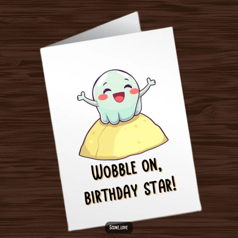 Funny Free Printable Birthday Card: A wobbly jelly enthusiastically tumbles down a hill, spreading cheer.