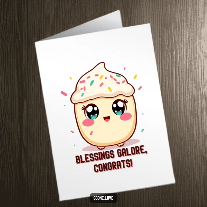 Funny Free Printable Congrats Card: Adorable kawaii scone with wide eyes catching a shower of festive sprinkles.