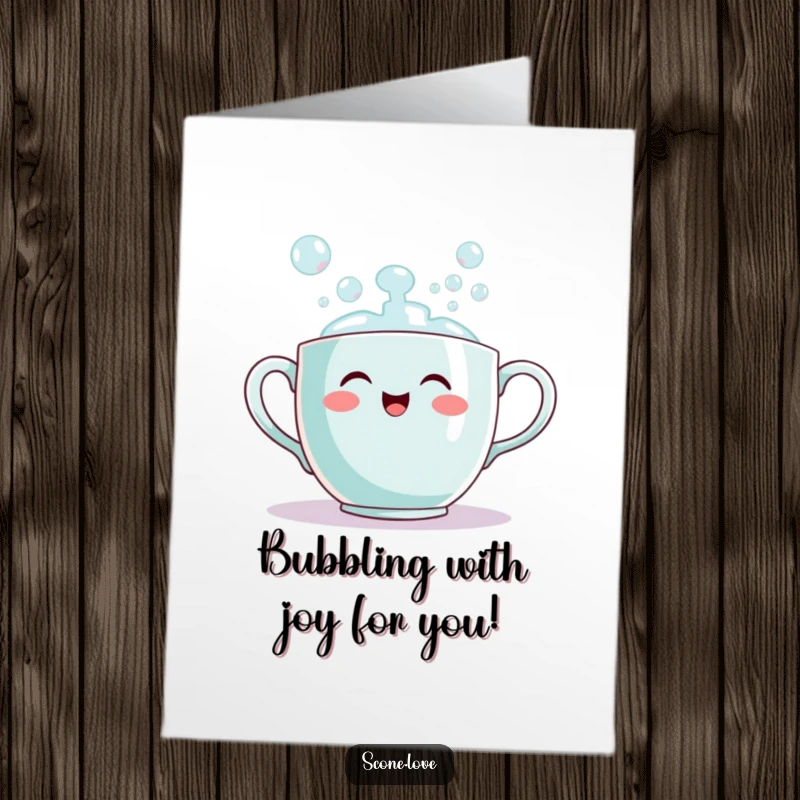 Funny Free Printable Congrats Card: A smiling teacup enthusiastically pours out a stream of bubbles, symbolizing overflowing happiness and success.