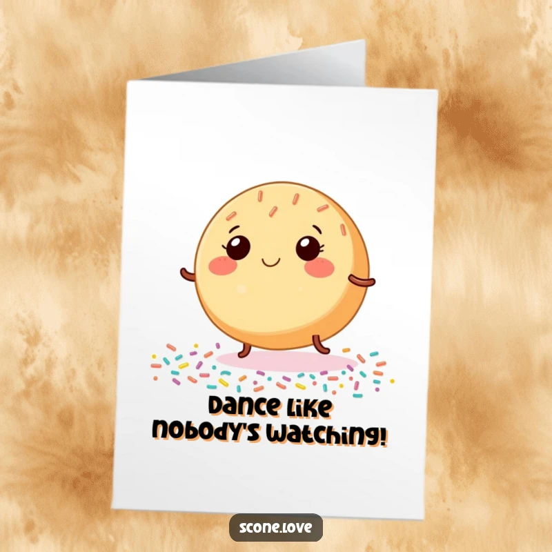 Funny Free Printable Congratulations Card: A baked good with tiny legs dancing merrily on a sprinkle-covered surface.