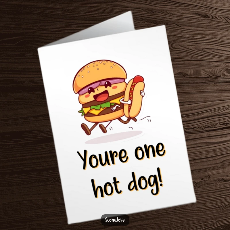 Funny Free Printable Congratulations Card: Victorious hamburger with legs crosses the finish line, celebrating a hilarious win over a hot dog.
