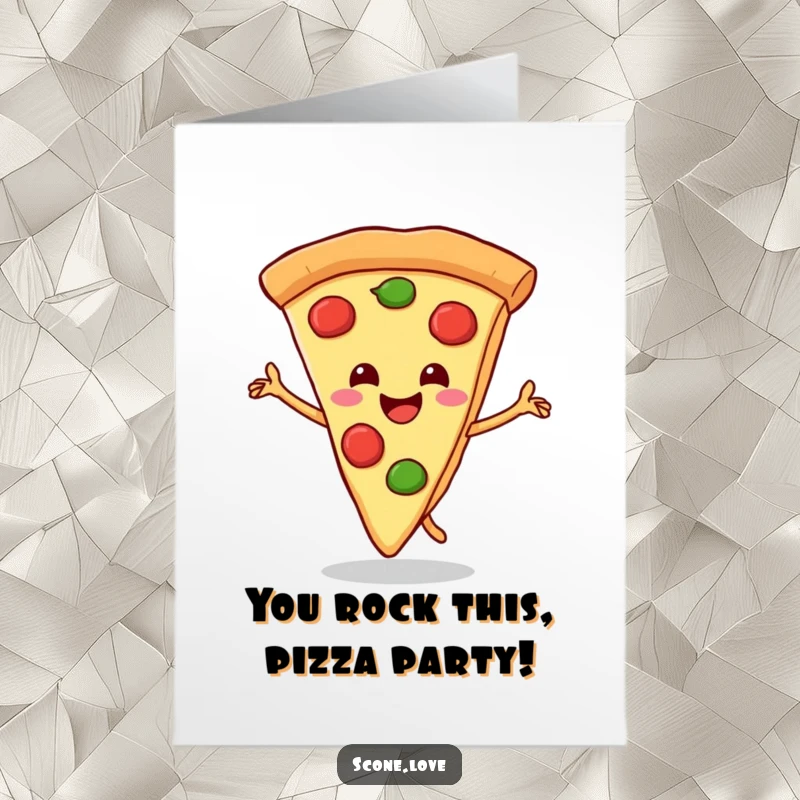 Funny Free Printable Congratulations Card: A happy pizza slice performs a triumphant dance, crust in the air.