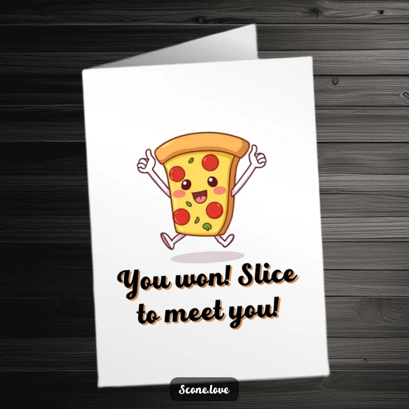 Funny Free Printable Congrats Card: A pizza slice with arms completes a triumphant victory lap, cheering for success. Deliciously funny downloadable.