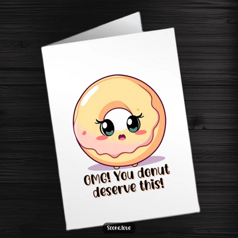 Funny Free Printable Congrats Card: Scone with surprised eyes looks at a giant donut, a comical downloadable moment of awe.