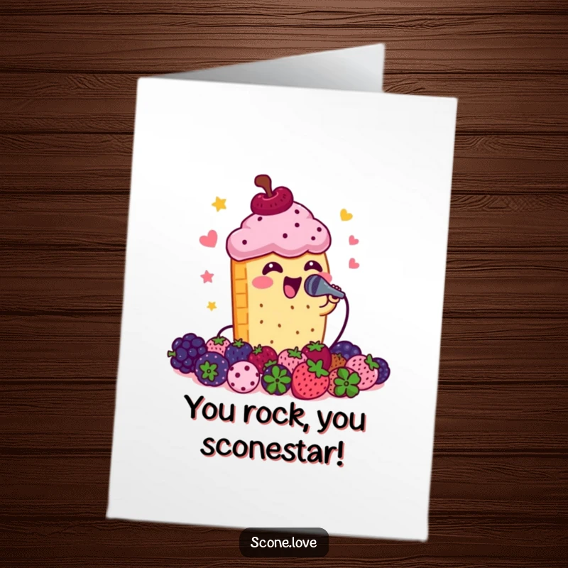 Funny Free Printable Congratulations Card: A scone with a microphone sings to a crowd of berries, celebrating a big achievement with gusto.