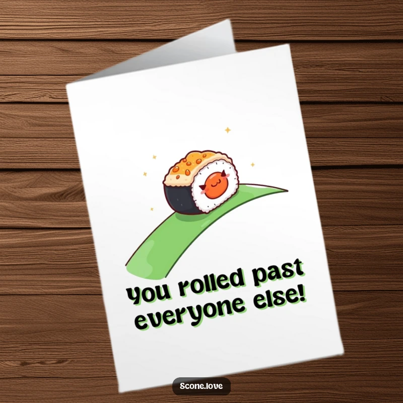Funny free printable congratulations card depicting a happy sushi roll adventuring downhill, symbolizing smooth progress.