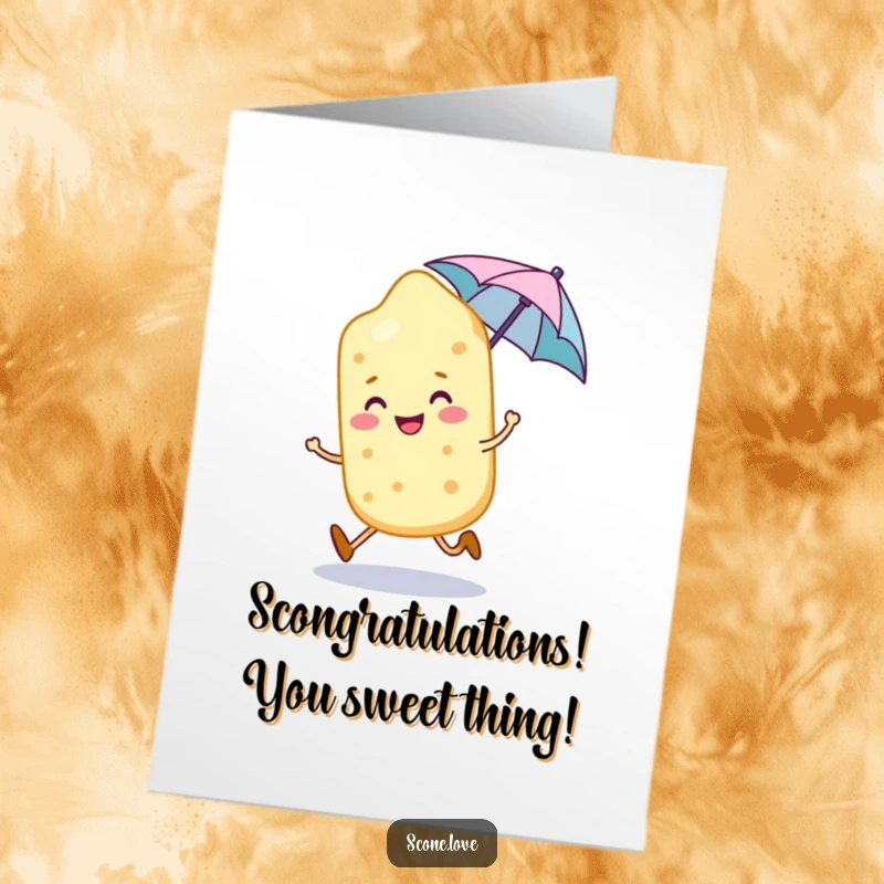 Funny Free Printable Congratulations Card: A smiling scone character skips with delight, sheltering under a tiny umbrella, celebrating good news.