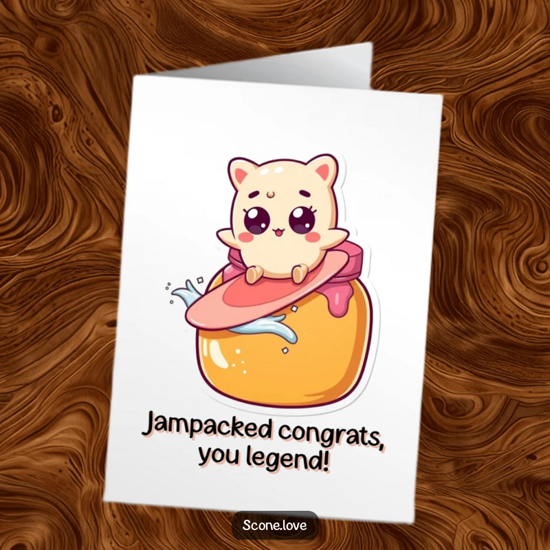 Funny Free Printable Congratulations Card: A scone character with startled wide eyes surfs wildly atop a giant jam jar, embracing the chaos.
