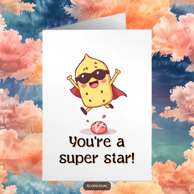 Funny Free Printable Superhero Scone congratulations card, a scone in a cape mid-flight, celebrating success.