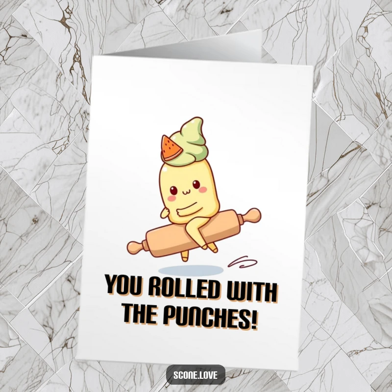 Funny Free Printable Kawaii Scone Congratulations Card: A kawaii scone hilariously attempts to control a runaway rolling pin, celebrating your feat.