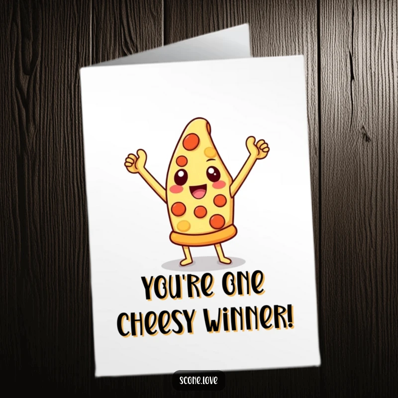 Funny Free Printable congratulations card showing a cheesy pizza slice in a proud, triumphant stance.