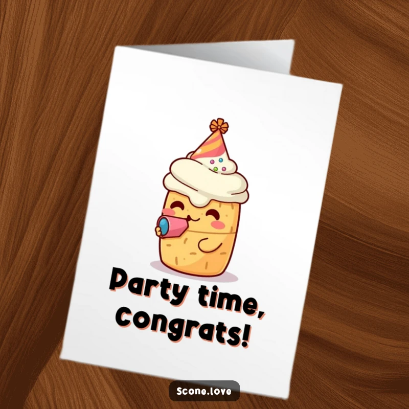 Funny Free Printable Congrats Card: Tiny party hat wearing kawaii scone enthusiastically blowing a colorful noisemaker.