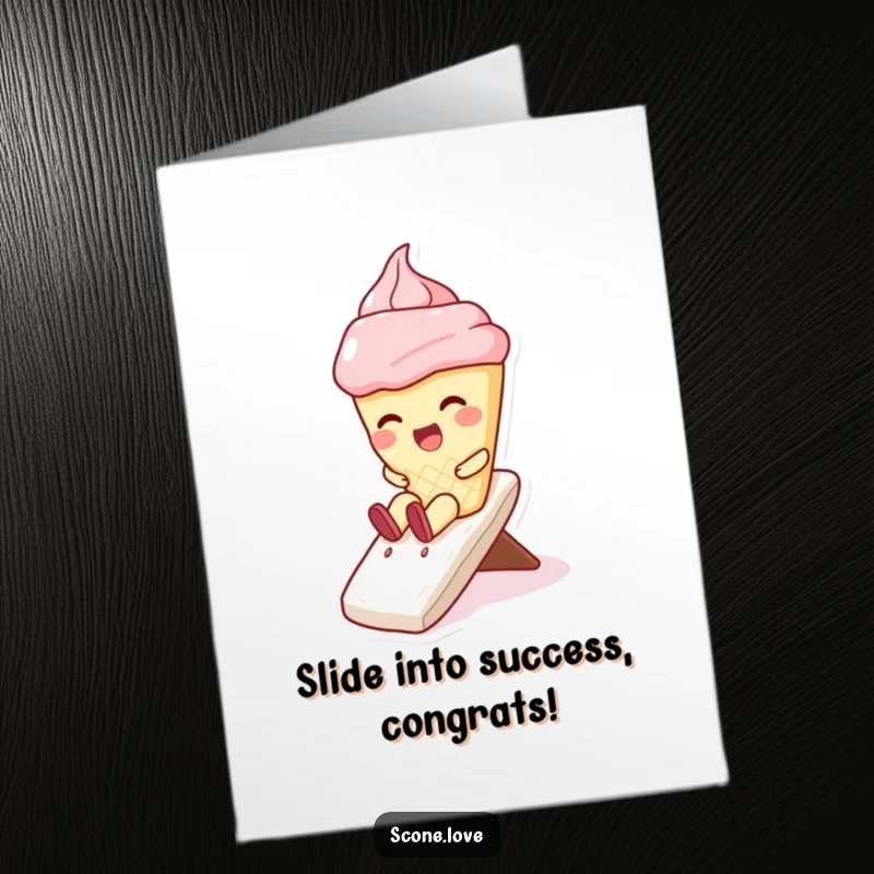 Funny Free Printable Congrats Card: Amused kawaii scone gleefully sliding down a smooth, creamy whipped cream slide.