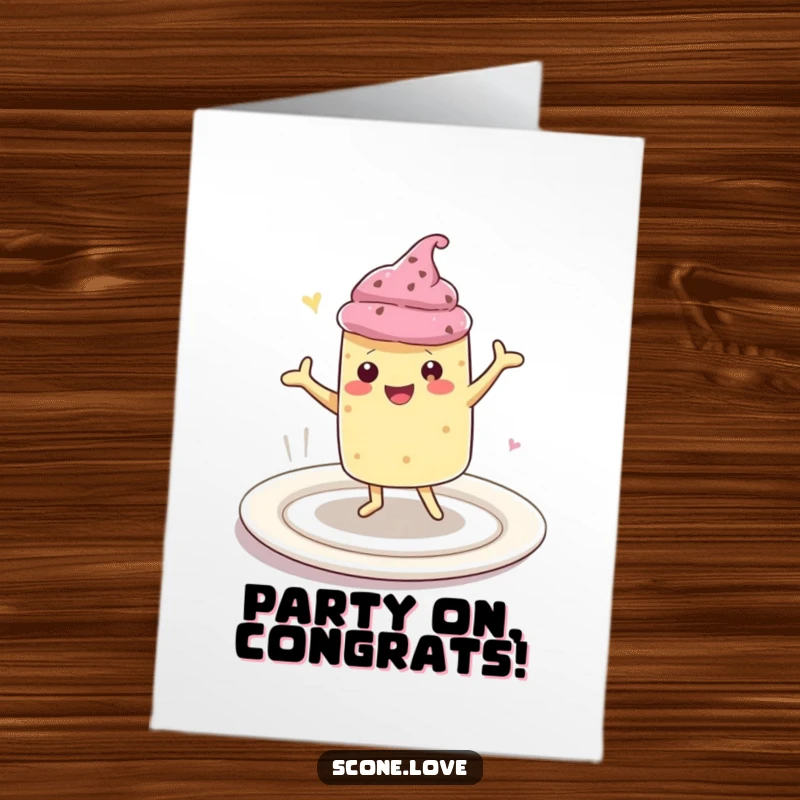 Funny Free Printable Congrats Card: Ecstatic kawaii scone performing a happy dance on a big, clean plate.