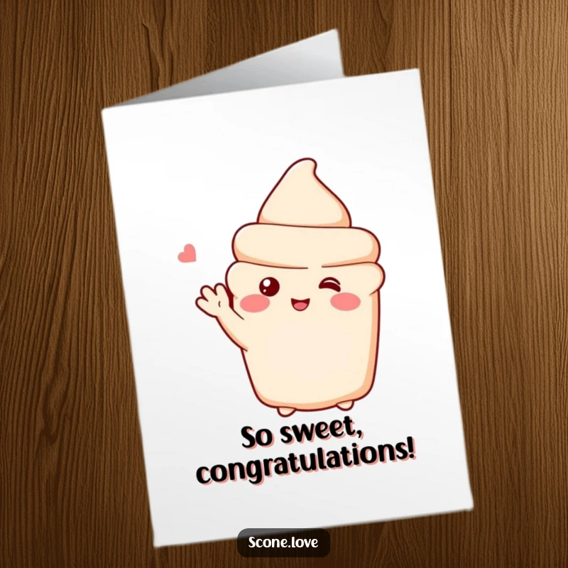 Funny Free Printable Shy Scone congratulations card, a blushing scone waving hello, sweet congratulations.