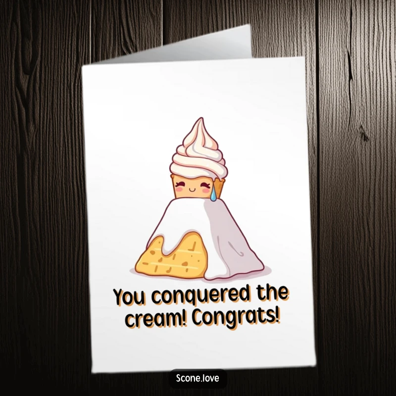 Funny Free Printable Congrats Card: Scone with sweat drops, struggling up a whipped cream mountain, symbolizing a challenging but successful climb.