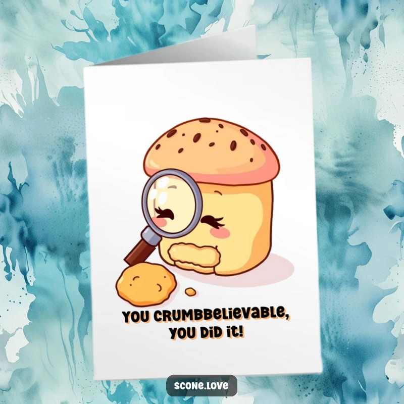 Funny Free Printable Congratulations Card showing a scone using a magnifying glass to inspect a small crumb, looking very serious.