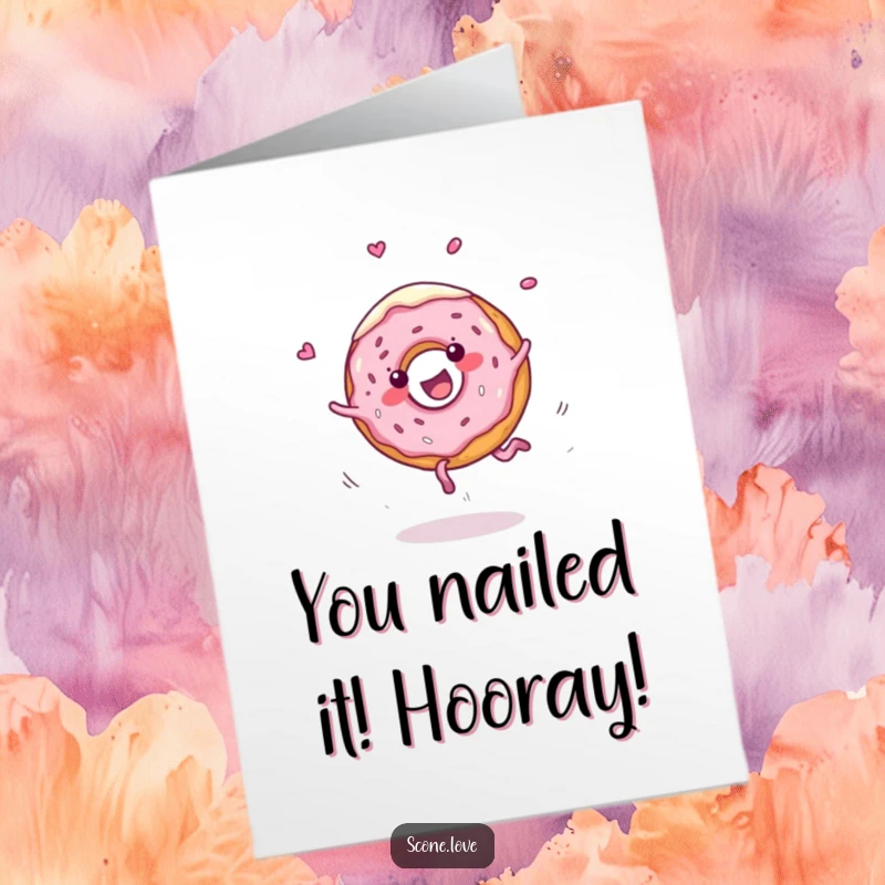 Funny Free Printable Congrats Card: A happy donut performs an energetic cartwheel, frosting flying as it celebrates success. Deliciously fun downloadable.