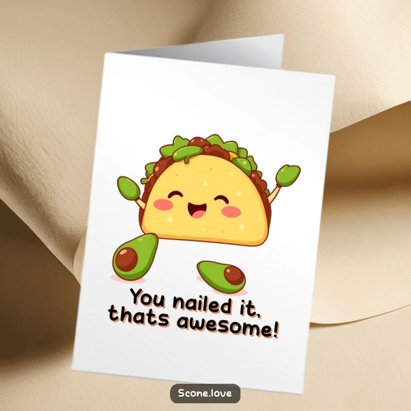 Funny Free Printable Congratulations Card: A happy taco joyfully juggles tiny avocados with its shell.