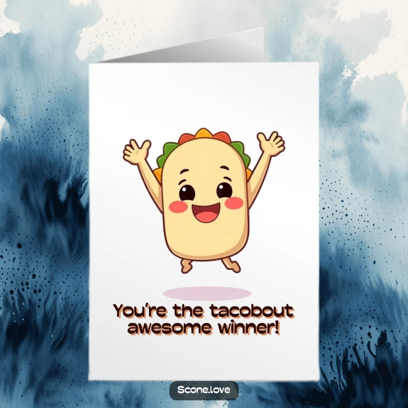 Funny free printable congratulations card showing a smiling taco in mid-air, joyfully jumping with arms up in victory.