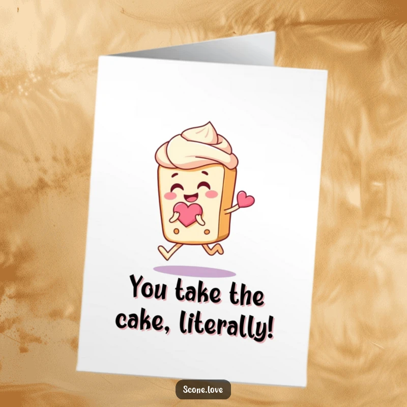 Funny free printable congratulations card: a joyful scone with frosting hair skips happily, holding a heart.