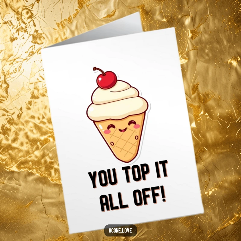 Free printable congratulations card depicting a kawaii scone with a cherry, sporting a mischievous wink. A humorous and downloadable celebratory message.