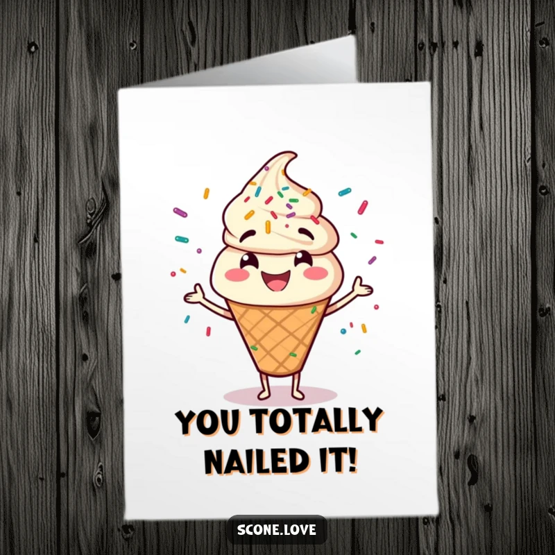 Funny Free Printable Congratulations Card: Scone character happily juggling colourful sprinkles, celebrating an occasion.
