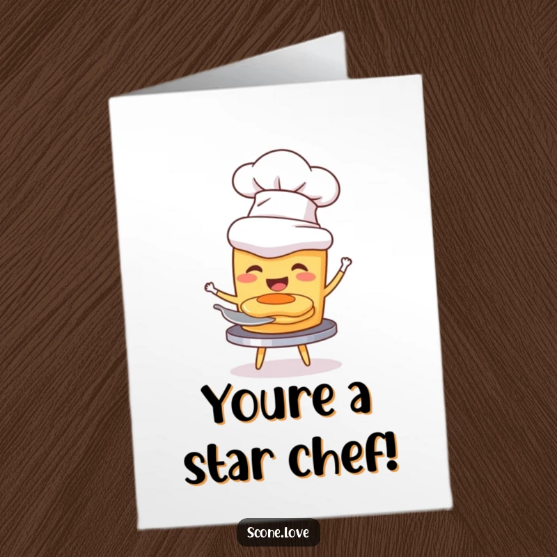 Funny Free Printable Congrats Card: A scone in a chef hat flipping a tiny pancake
