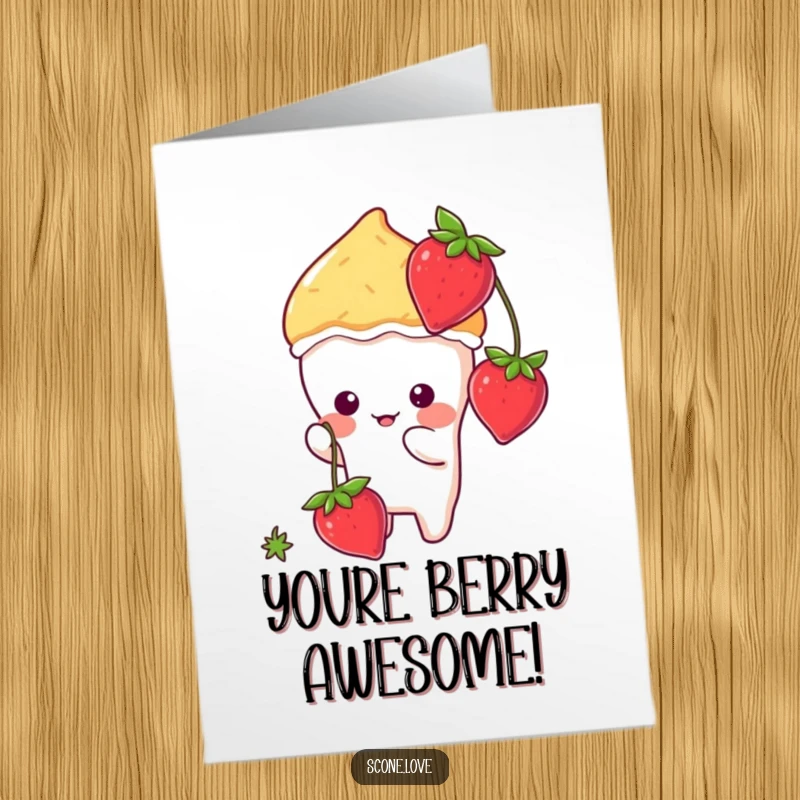 Funny Free Printable Congratulations Card: Kawaii Scone Delightfully Playing with a Strawberry
