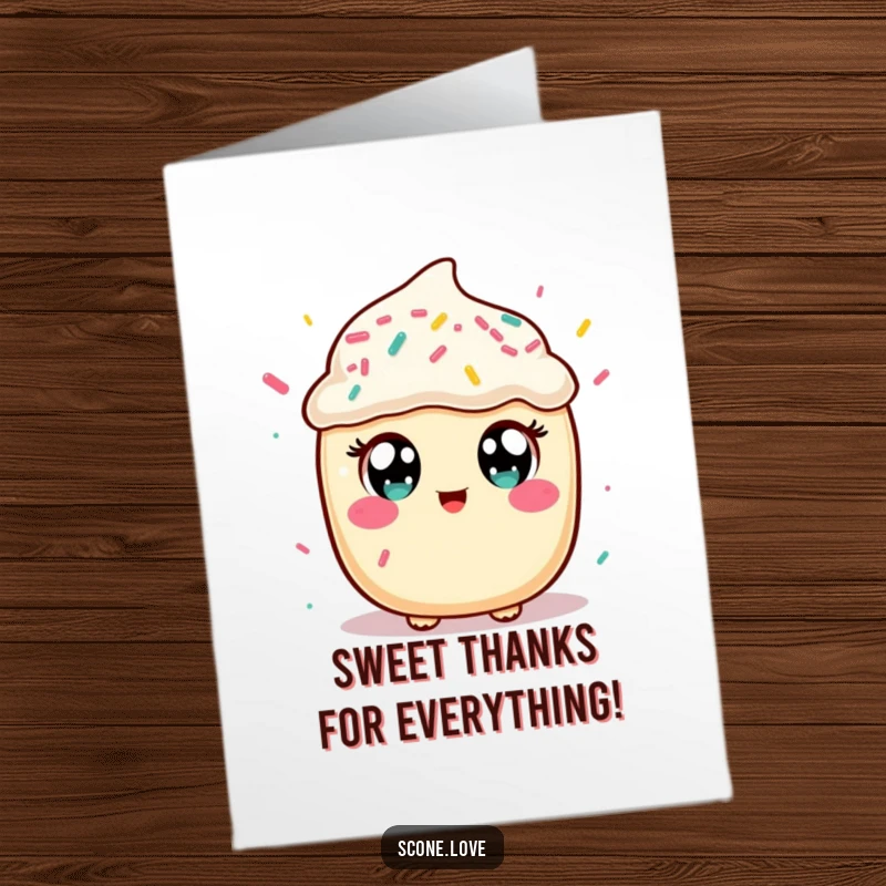 Funny Free Printable Thank You Card: Cute kawaii scone with big eyes catching falling celebratory sprinkles.