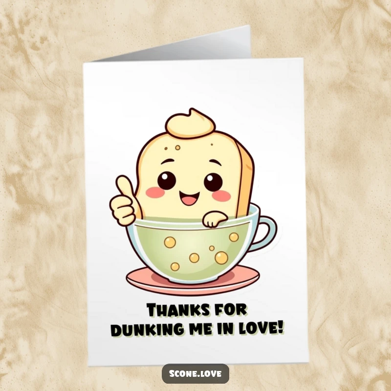 Funny Free Printable Thank You Card: Scone in Tea, Smiling Thumbs Up, Cozy Gratitude Humor
