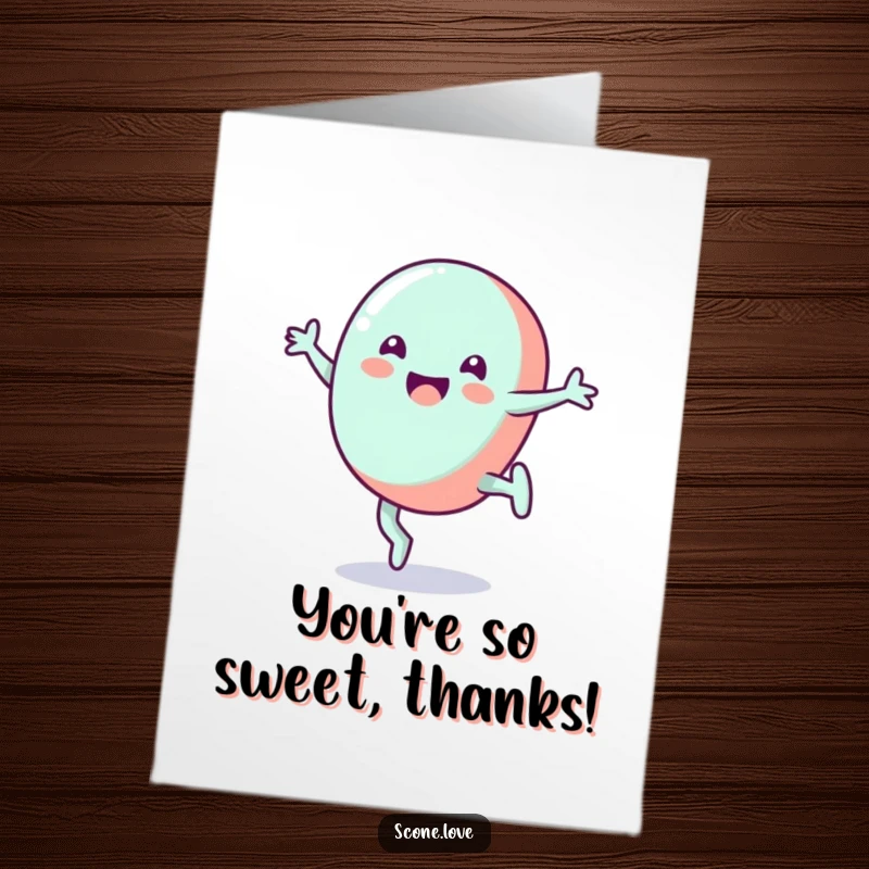 Funny Free Printable thank you card with a cheerful candy doing a cartwheel, expressing thanks.