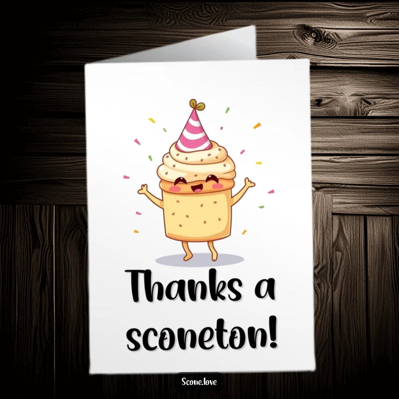 Funny Free Printable Thank You Card: A scone wearing a party hat dances with confetti, expressing thanks with downloadable cheer.