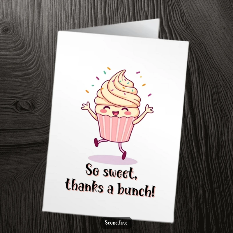 Funny Free Printable Thank You Card: A happy cupcake doing a lively jig, sprinkles showering down. Perfect downloadable.