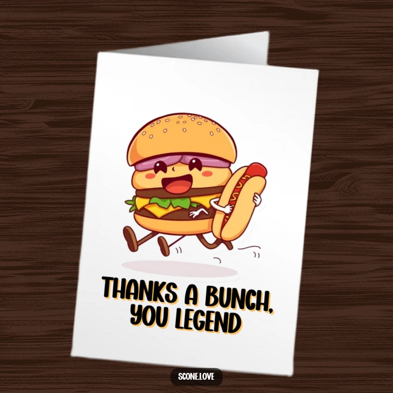 Funny Free Printable Thank You Card: A determined hamburger with legs finishes a race, expressing thanks with a comedic, food-themed gesture.