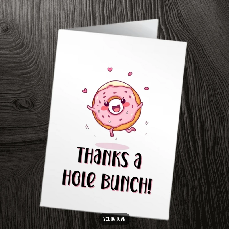 Funny Free Printable Thank You Card: A cheerful donut does a cartwheel with frosting flying, sending sweet thanks. A delightful downloadable.