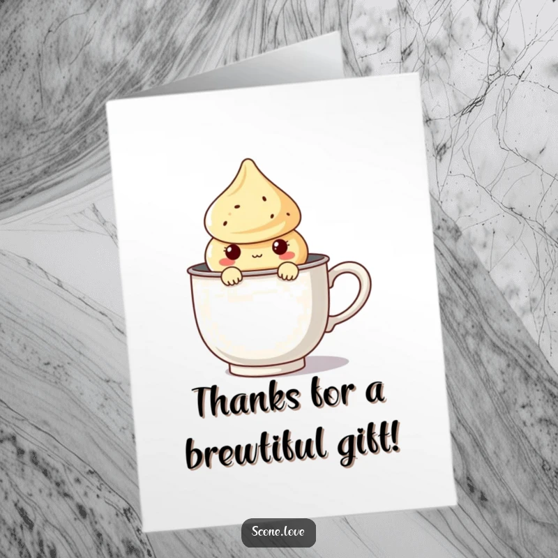 Funny free printable thank you card: A kawaii scone character peeks shyly from within a giant tea infuser.