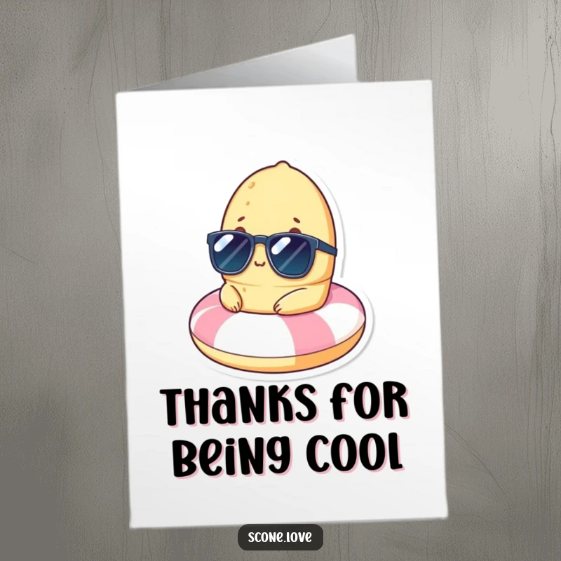 Funny Free Printable Thank You Card: A scone in sunglasses is chilling on a beach float, a downloadable thank you with cool vibes.
