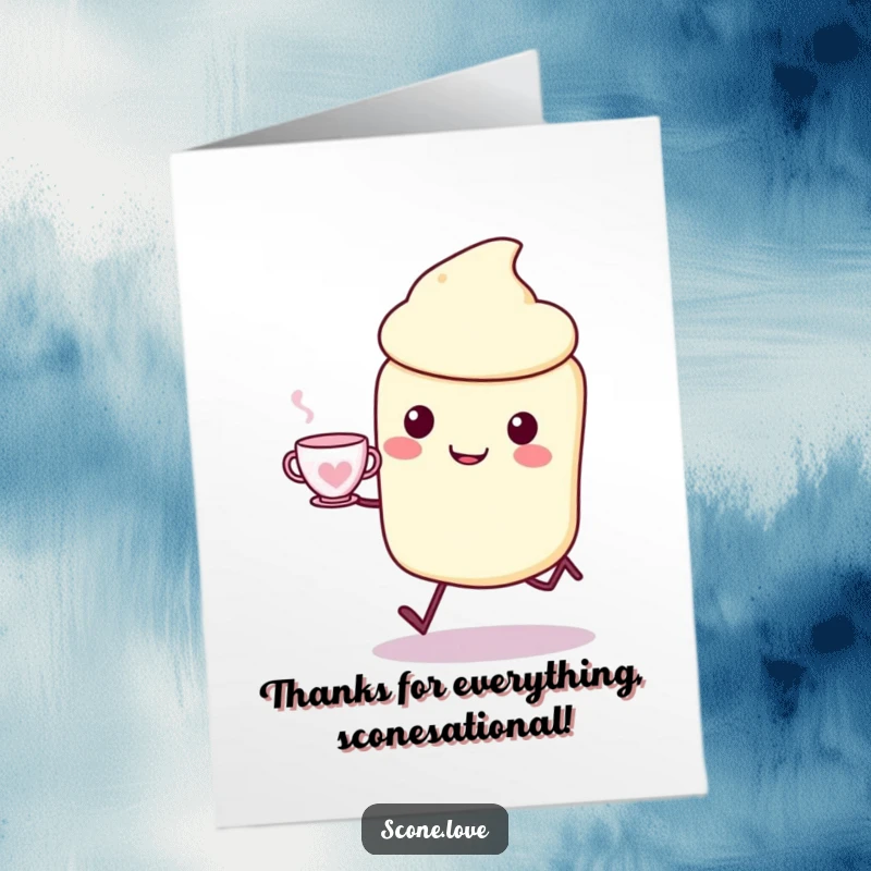 Funny Free Printable Thank You Card: A kawaii scone character skips happily holding a teacup, conveying sweet gratitude, downloadable gift.
