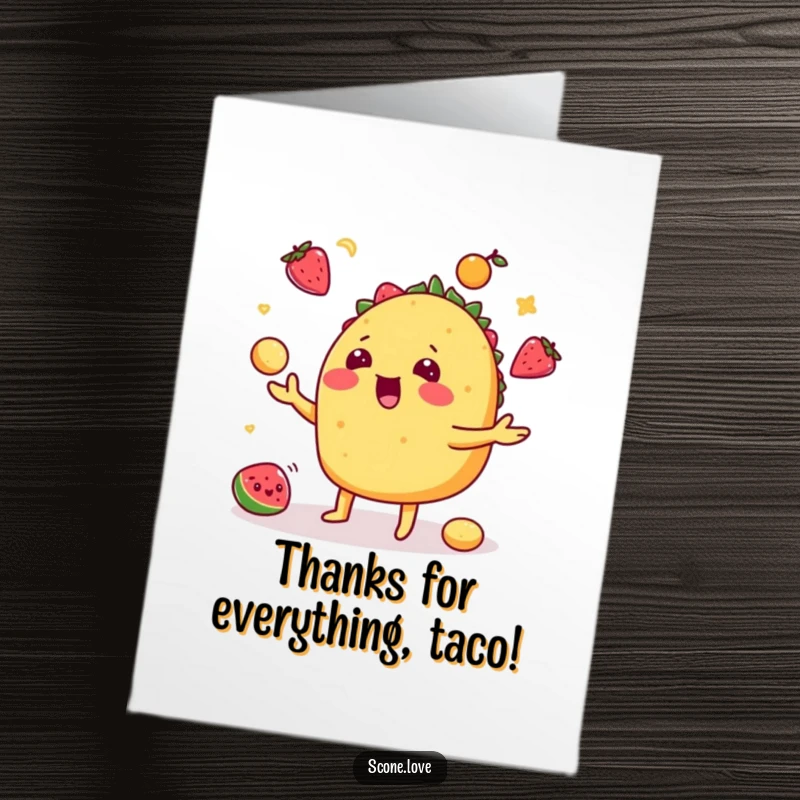 Funny Free Printable thank you card depicting a happy taco juggling small fruits with enthusiasm.