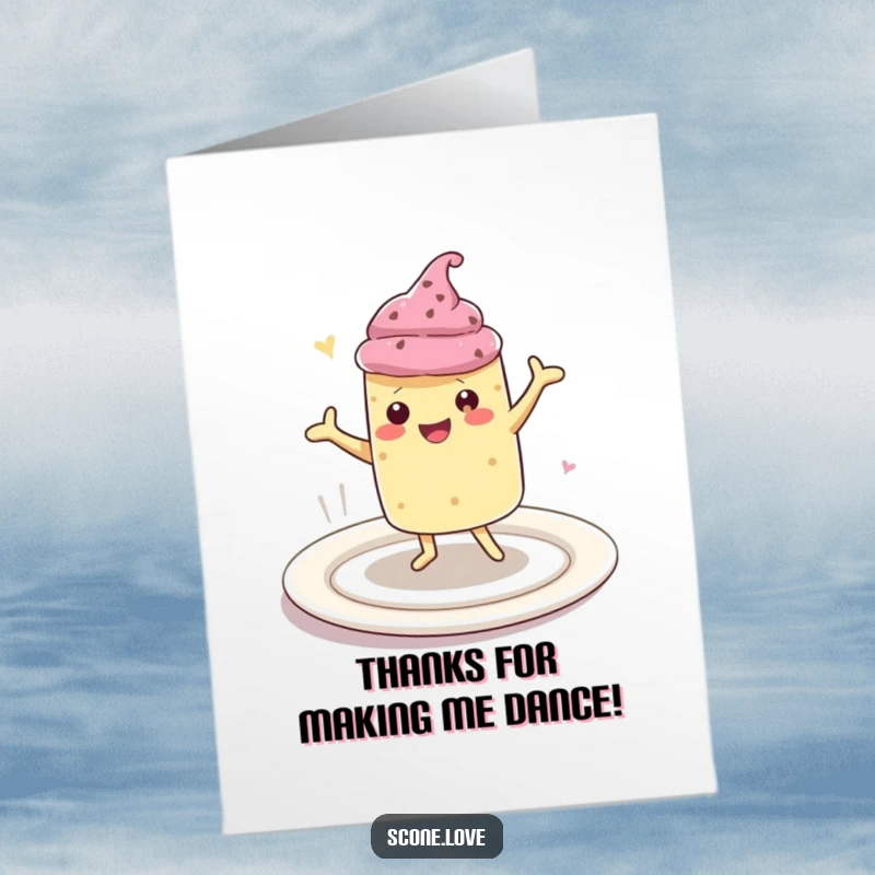 Funny Free Printable Thank You Card: Delightful kawaii scone doing a happy celebratory dance on a giant plate.