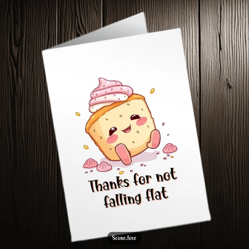 Funny Free Printable Thank You Card with a scone hilariously tripping over its own feet and scattering icing dramatically.