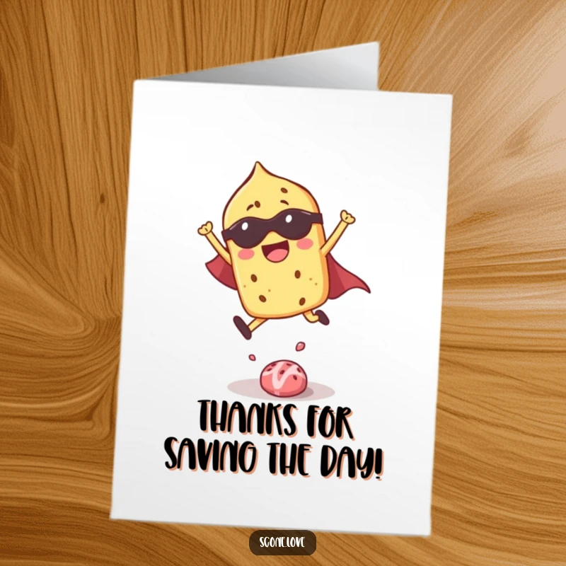 Funny Free Printable Superhero Scone thank you card, a scone in a cape giving a thumbs up, expressing thanks.