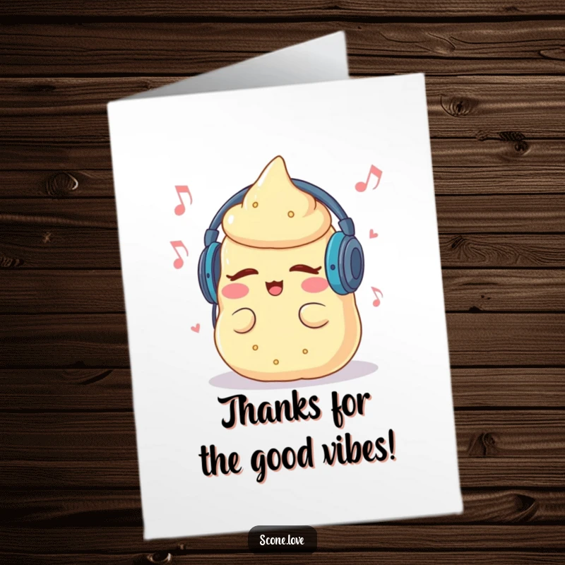 Funny Free Printable Music Scone thank you card, a scone with headphones, eyes closed, grooving with thanks.