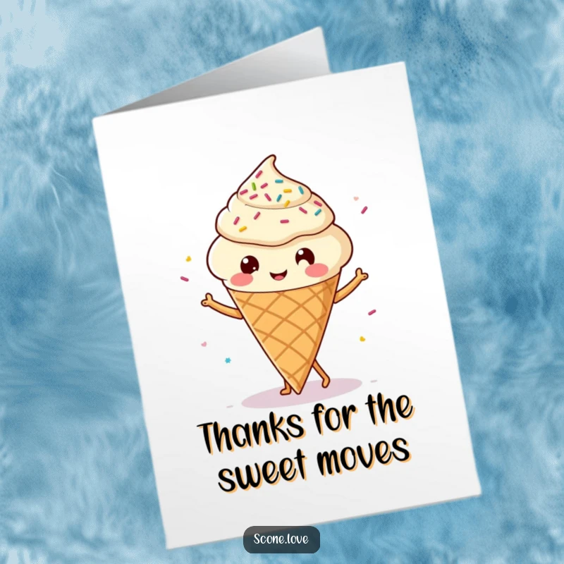 Funny free printable thank you card illustrating a kawaii scone with legs joyfully dancing with sprinkles. A unique and downloadable expression of gratitude.