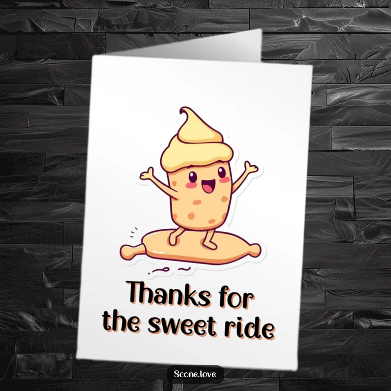 Funny Free Printable Thank You Card: Kawaii scone riding a rolling pin like a surfboard, conveying thanks with excitement, downloadable gift.