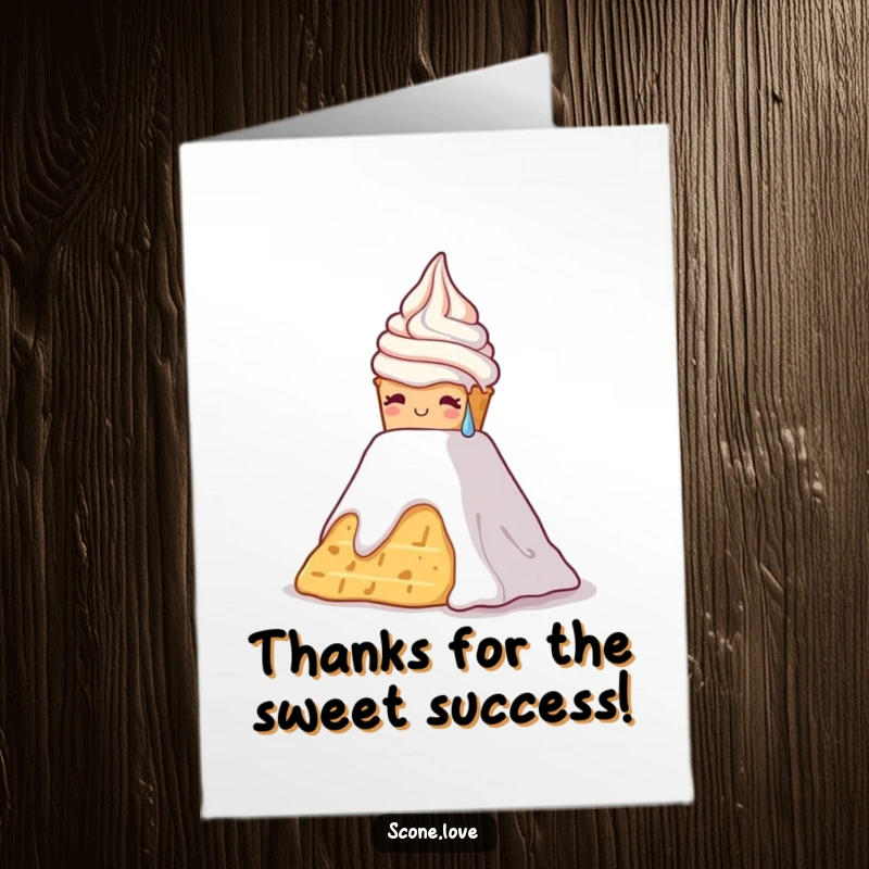 Funny Free Printable Thank You Card: Scone struggling to ascend a whipped cream mountain, a humorous way to thank someone for their effort.