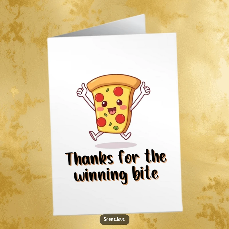 Funny Free Printable Thank You Card: A pizza slice with arms runs a victory lap, expressing heartfelt thanks. A cheesy downloadable card.