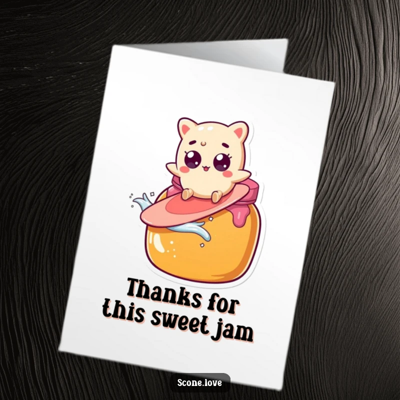Funny Free Printable Thank You Card: A scone character, eyes wide with surprise, surfs a giant jam jar, conveying thanks with a splash.